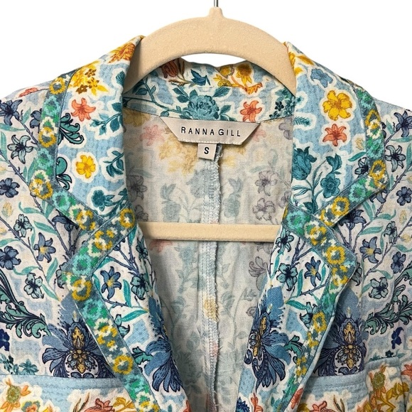 Rana Gill Anthropologie Linen Sleeveless Belted Romper Blue Multi Small Beach - Picture 5 of 7